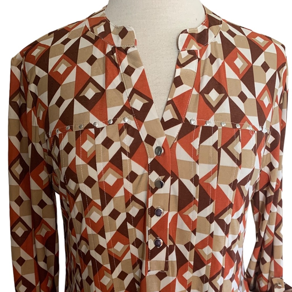 COCOMO Medium Brown Orange White 3/4 sleeve women's Pintuck Blouse top shirt - Picture 15 of 16